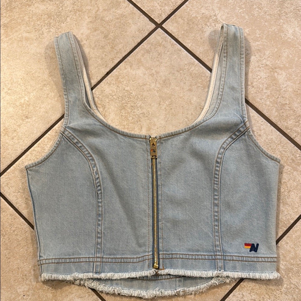 Aviator Nation Denim Crop Top with Front Zipper